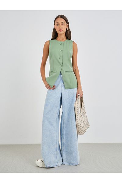 Styli Solid Single Breasted Sleeveless Longline Blazer