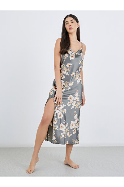 Styli Floral Print Side Slit Slip Dress