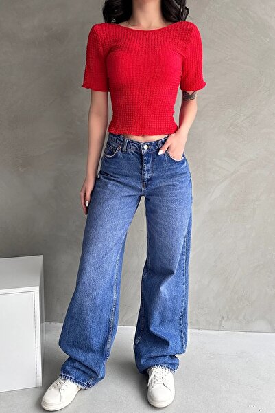 OLSAMODA Women's Fabric Featured Open Back Flexible Bluz