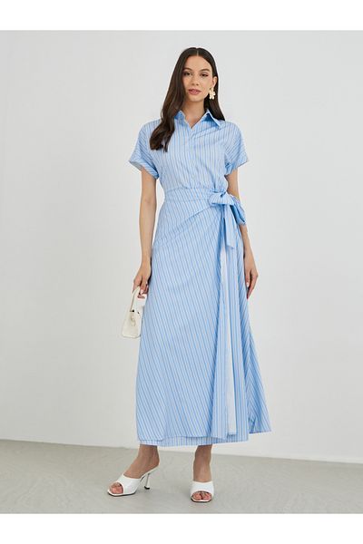 Styli Striped Short Sleeve Collared Maxi Dress with Tie-Up Detail