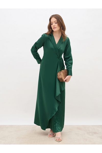 Styli Plain Satin Pleated Wrap Maxi Dress with Notch Lapel