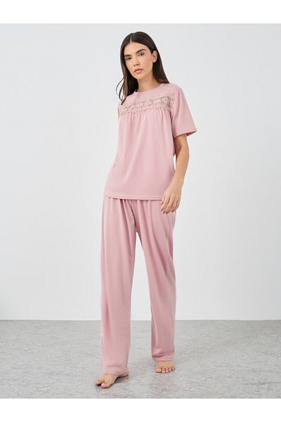 Styli Lace Insert Round Neck T-Shirt and Pyjama Set