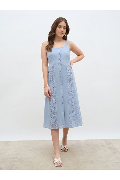 Styli Women Blue Schiffli Sleeveless A-Line Midi Dress with Button Front