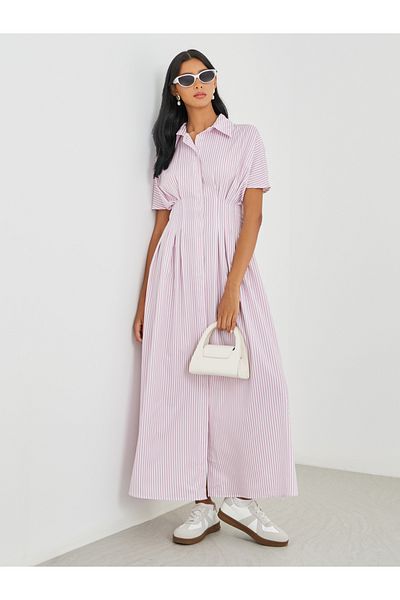 Styli Striped Short Sleeve Pleated Collared Maxi Dress