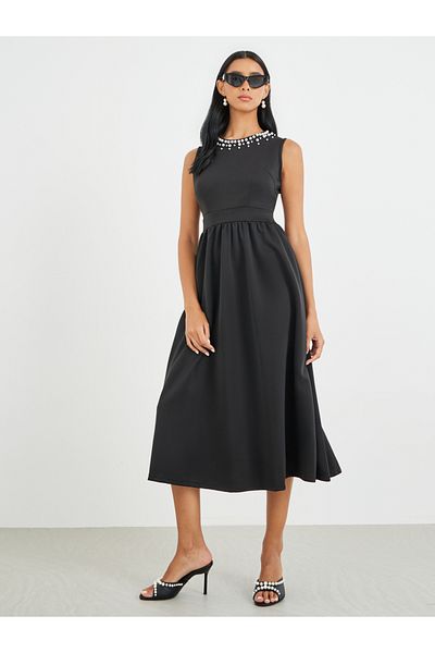 Take Two By Styli Embellished Round Neck Sleeveless Midi Dress