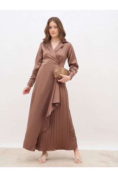 Styli Plain Satin Pleated Wrap Maxi Dress with Notch Lapel