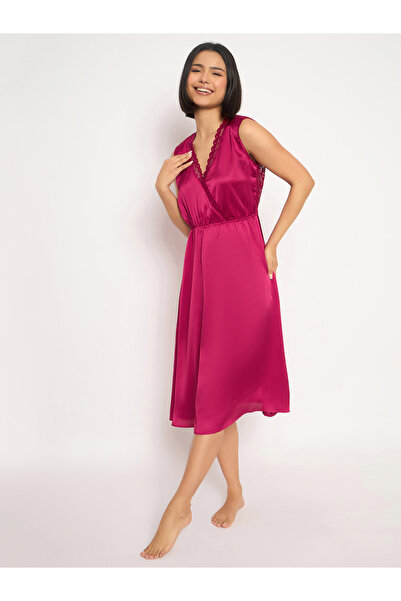 Clovia By Styli Solid Lace Detail Open Back Satin Nightdress