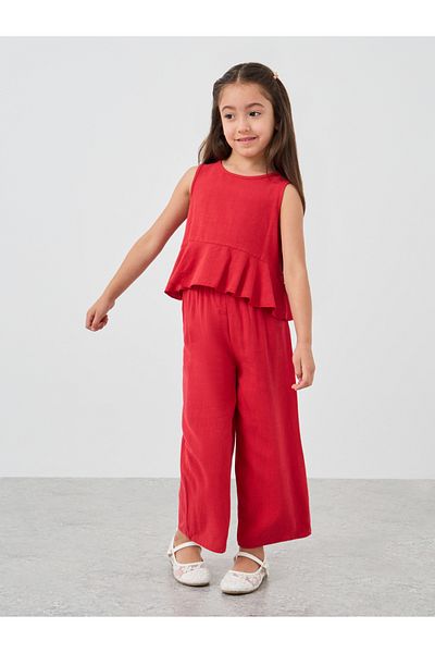 Styli Girls Red Solid Sleeveless Peplum Blouse and Pants Set