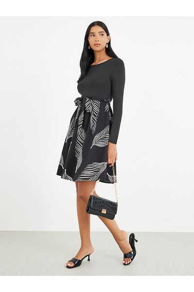 Take Two By Styli Printed Round Neck Belted Knee Length Dress