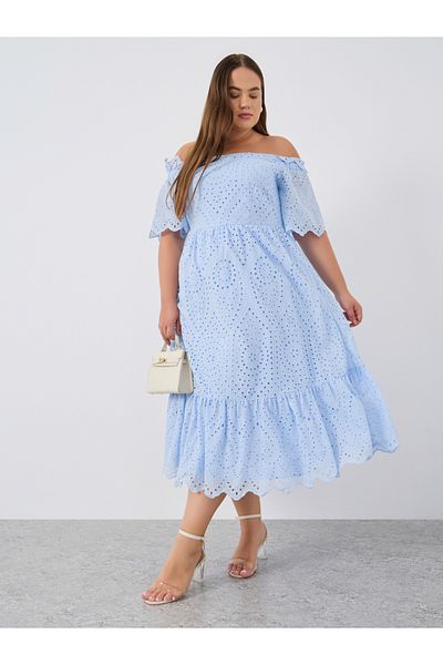 Styli Plus Size Schiffli Off-Shoulder A-Line Midi Dress