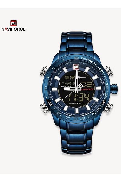 Naviforce Luxury Digital Analog Sports Watch for Men Stainless Steel Band LED Backlight Water Resistant 30M