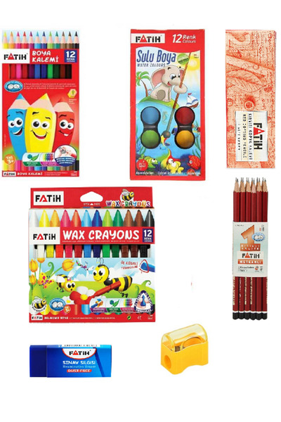 Fatih 12'Li Kuru Boya + Jumbo Mum Boya + Sulu Boya + Kurşun Kalem + Kırmızı K...