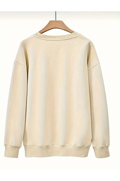 caddekombin Hanorac bej cu decolteu rotund cu imprimeu cu panglică maro pe corp și brațe