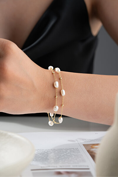 Silvano Jewelry 925 Ayar Gümüş Çift Sıra İncili Zincir Bileklik