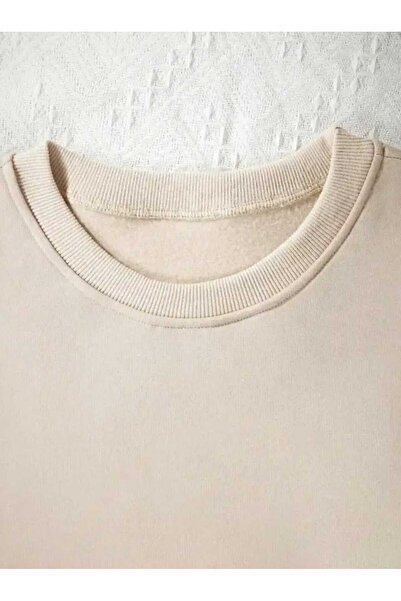 caddekombin Μπεζ φούτερ με λαιμόκοψη με στάμπα με φωτεινή ροζ κορδέλα