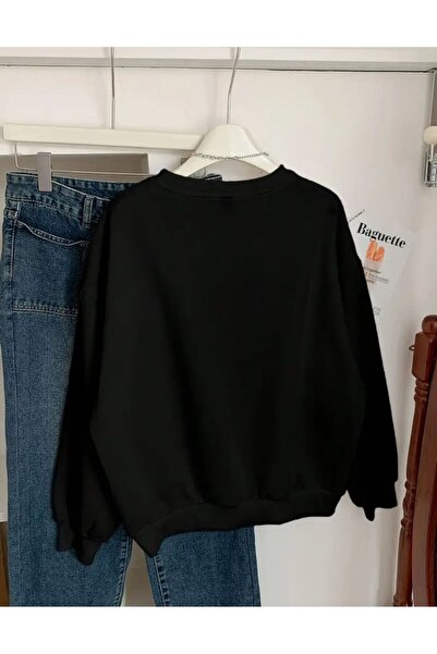 caddekombin Blue Denim Art Printed Crew Neck Black Sweatshirt