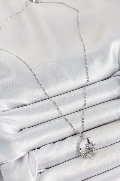 Clariss 316L Steel Zircon Stone Pole Star Crescent Model Silver Color Women's Necklace