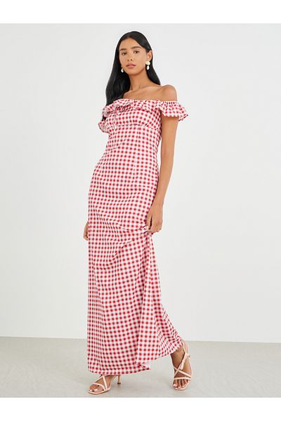 Styli Gingham Print Off-Shoulder Maxi Dress