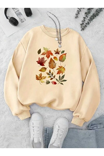caddekombin Hanorac bej cu decolteu tip crew cu imprimeu cu frunze de toamnă