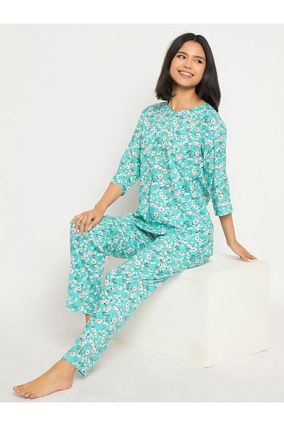 Clovia By Styli Floral Print Notch Neck Top and Pyjama Set