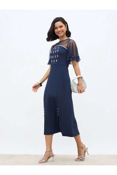 Styli Embellished Mesh Insert A-Line Midi Dress