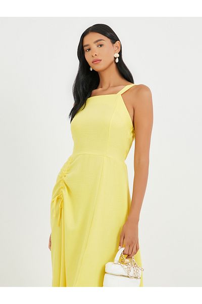 Styli Solid Sleeveless Side Ruched Detail Midi Dress