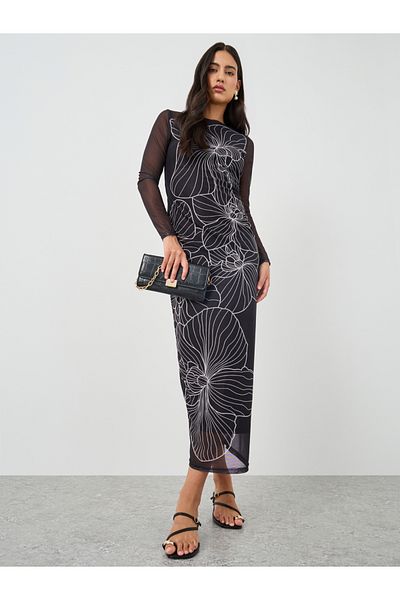 Styli Floral Print Long Sleeves Bodycon Maxi Dress