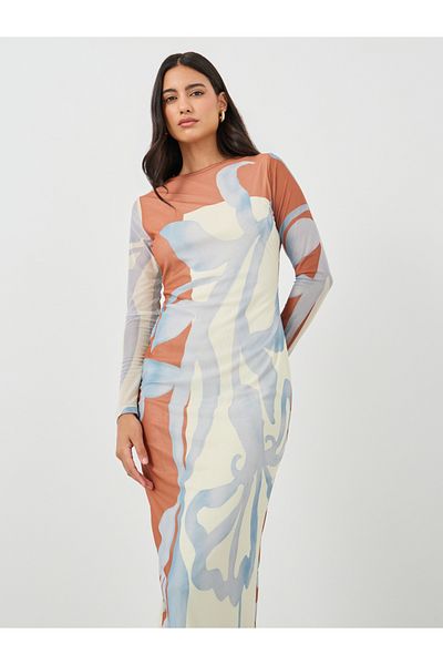 Styli Printed Long Sleeves Bodycon Maxi Dress