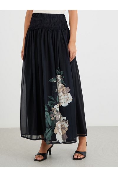 Styli Floral Print Pleated A-Line Maxi Skirt