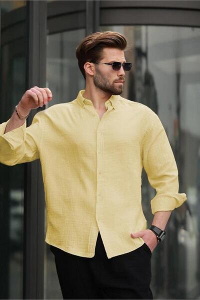Madmext Yellow Basic 100% Cotton Long Sleeve Men's Shirt E6761