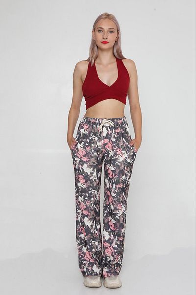 lzv Women's Patterned Ottoman Fabric Palazzo Trousers