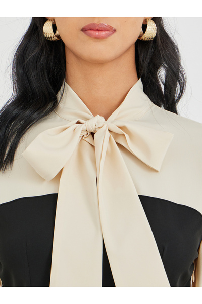 Take Two By Styli Color Block Tie Up Neck Long Sleeve Blouse