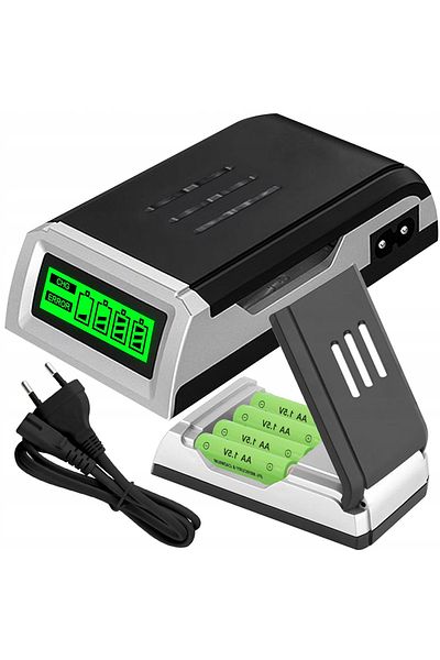 DexXer Încărcător inteligent pentru baterii AA/AAA/NiCd/NiMh, 4 sloturi, afișaj LCD, ștecher UE, negru/argintiu