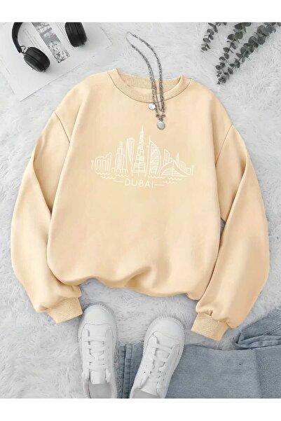 caddekombin Μπεζ φούτερ με λαιμόκοψη με στάμπα του Ντουμπάι