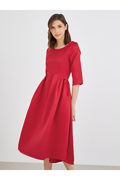 Take Two By Styli Solid Round Neck Pleated Detail Midi Dress