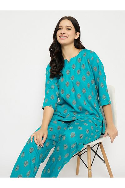Clovia By Styli Leaf Print Notch Neck Top and Pyjama Set