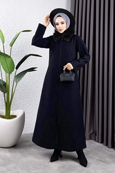 SGS Fur Collar Cashmere Coat Dark Blue