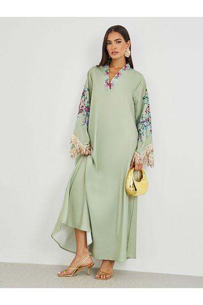 Styli Floral Print Tasselled Long Sleeve A-Line Jalabiya