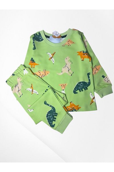 Pajama Shop Boys' 100% Cotton Dinosaur Print Green Long Sleeve Winter Pajamas Set