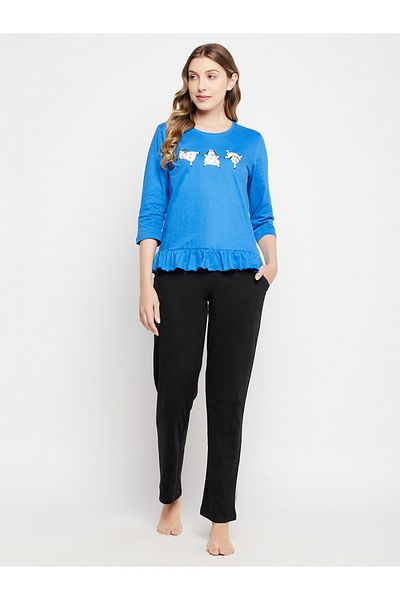 Clovia By Styli Graphic Print Ruffled Hem Cotton Top and Pyjama Set