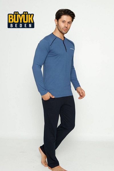 ALİMER Men's 3 Buttons Cotton Lycra Plus Size Long Sleeve Pajama Set with Pockets
