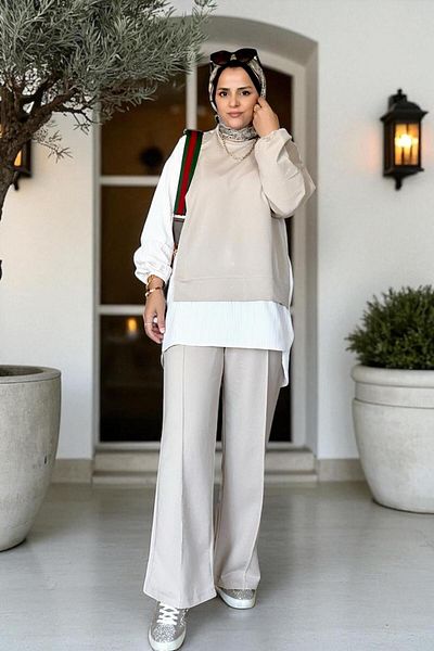 Aselim Hijap Moda Ριγέ πουκάμισο Λεπτομερές Τουνίκ Διπλό Σετ |   Μπεζ με τσέπες, φαρδιά πόδια και τουνίκ