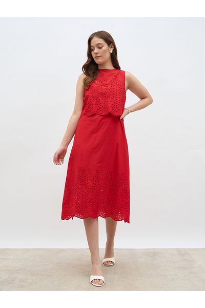 Styli Women Red Schiffli Sleeveless A-Line Midi Dress