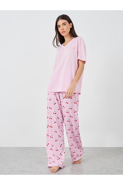 Styli Cherry Print V-Neck T-Shirt and Printed Pyjama Set
