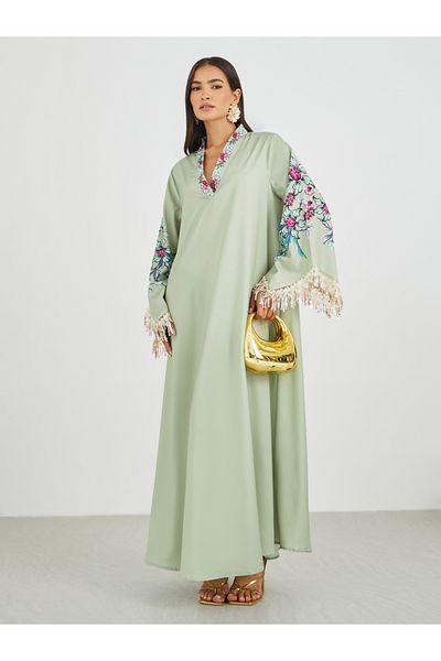 Styli Floral Print Tasselled Long Sleeve A-Line Jalabiya