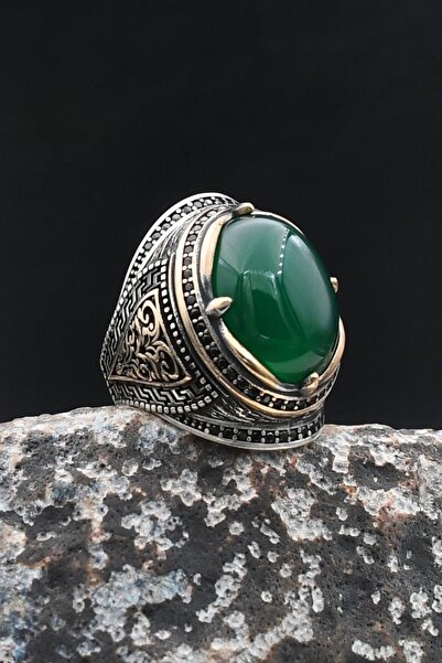 Prestige Yeşil Akik Taşlı 925 Ayar Gümüş Erkek Yüzüğü Zirkon Taş Süslemeli 90...