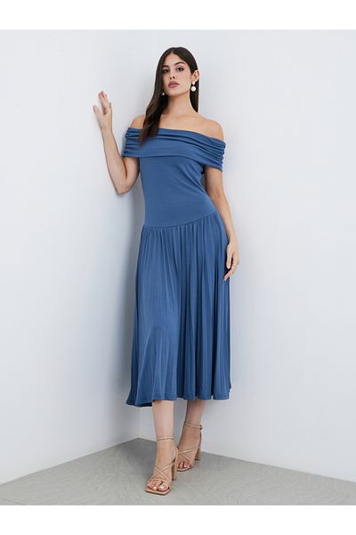 Styli Solid Off Shoulder Gathered Detail A-Line Midi Dress
