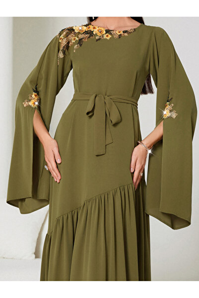 Take Two By Styli Floral Embroidery Split Sleeve Ruffle Hem Belted Maxi Dress