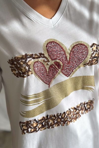 FEMELLE Women's White Plus Size 100% Cotton V-Neck Heart Sequin Embroidered T-Shirt