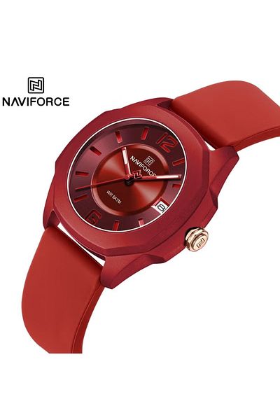 Naviforce Red Analog Watch for Men and Women Stylish Round Dial Wristwatch with Silicone Strap Date Display